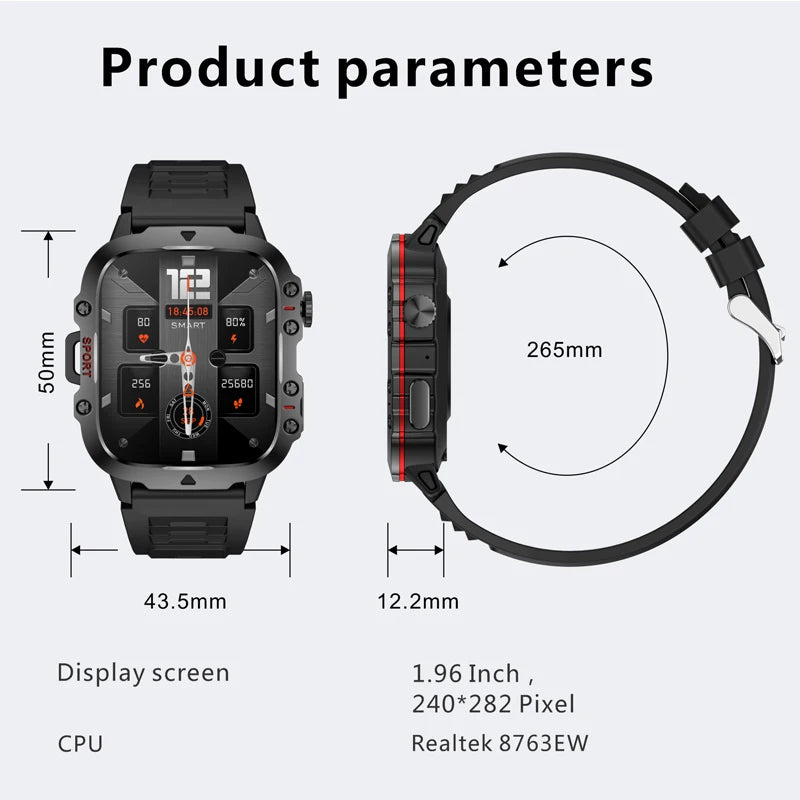 Relógio inteligente militar robusto com GPS, masculino, Bluetooth, chamada, monitoramento de saúde, IA, voz, esportes, smartwatch à prova d'água, 2024