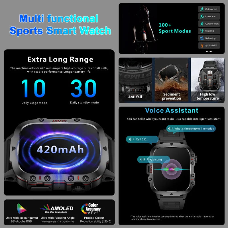 Relógio inteligente militar robusto com GPS, masculino, Bluetooth, chamada, monitoramento de saúde, IA, voz, esportes, smartwatch à prova d'água, 2024