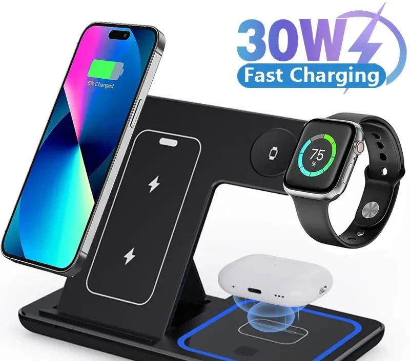 Suporte carregador rápido sem fio LED 30W 3 em 1  para iPhone 15 14 13 12 11 - Apple Watch 9 8 7 6 5 -  Airpods Pro