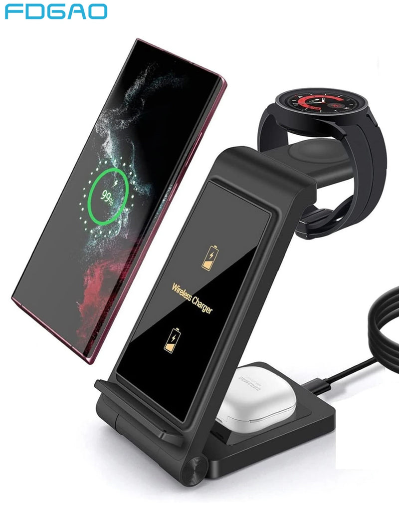 Suporte carregador por indução sem fio 3 em 1 multifuncional - 15 W - para Apple Watch 9 8 7 6 AirPods Pro iPhone 15 14 13 12 11 XR X