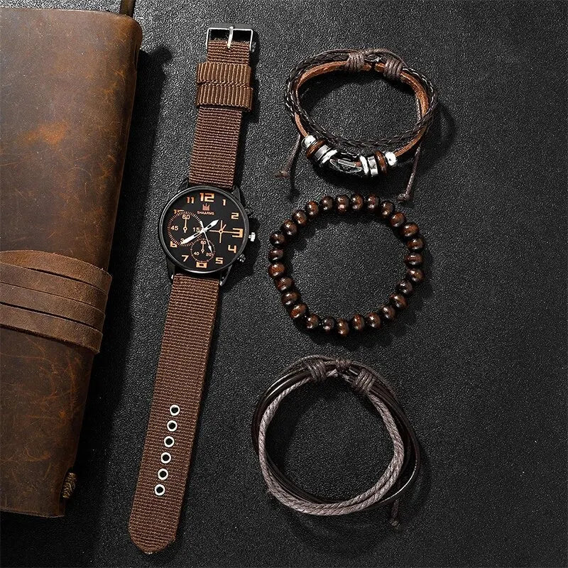 Conjunto 4 Peças Relógio Masculino de Luxo e Pulseiras Artesanais