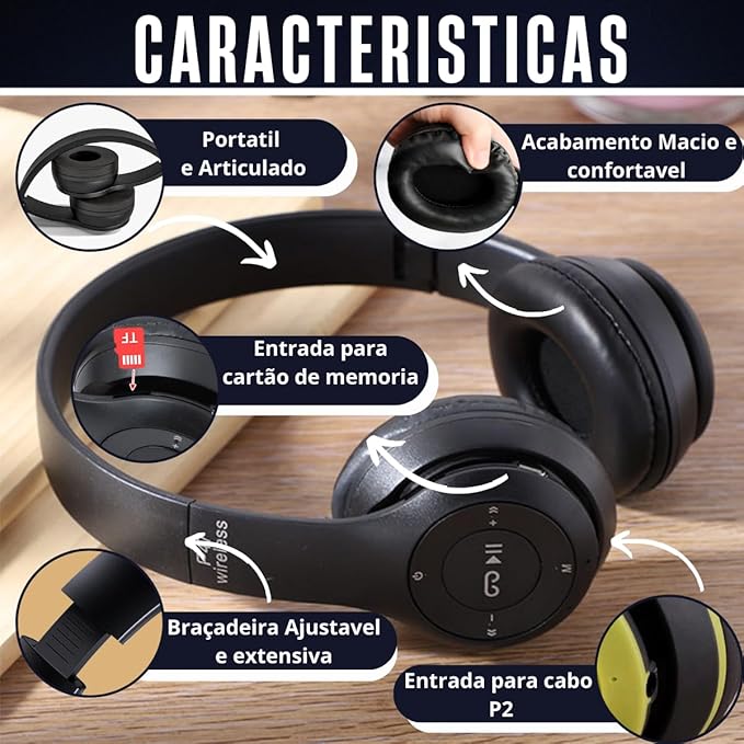 Headphone Wireless P47 - Dobrável - MP3 - SD Card